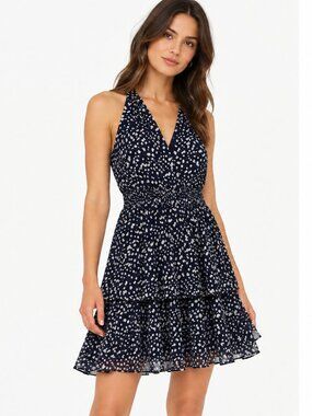 AQUA Navy White Abstract Print Smocked Tiered Mini Dress L